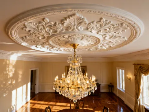 Fypon ceiling medallion with chandelier